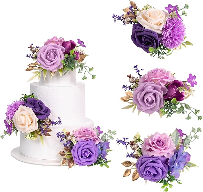 TINGE TIME 3Pcs Pre-made Cake Toppers, Silk Artificial Flowers Decor, Cake Decorations for Weddings, Birthdays, Party,Baby Shower,Celebration (Purple)