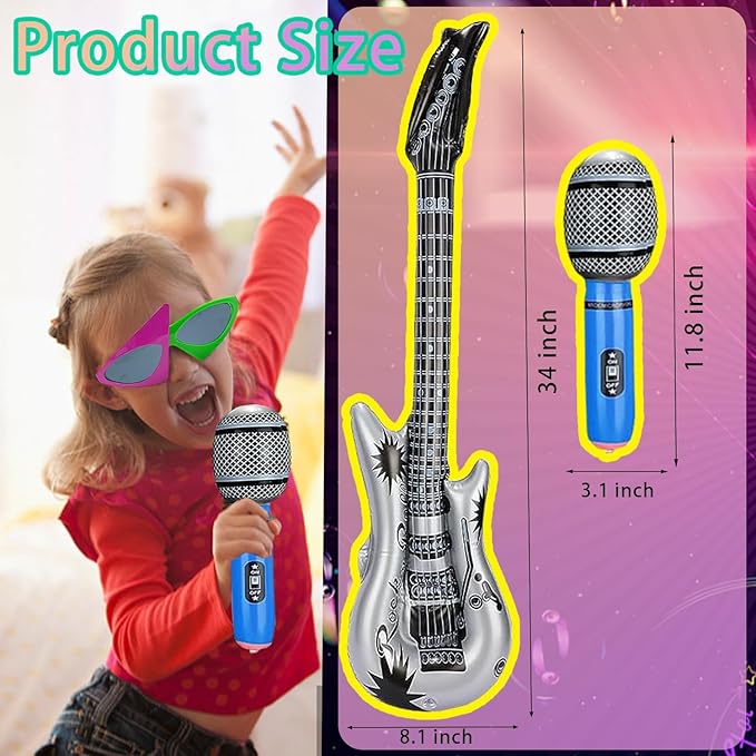 Large Rock Star Funny Sunglasses Set, Rock and Roll Party Funny Music Sunglasses, Inflatable Guitar Microphone for 70s, 80s, 90s, Music Party, Photo Booth Props for Carnival Rock and Roll Party