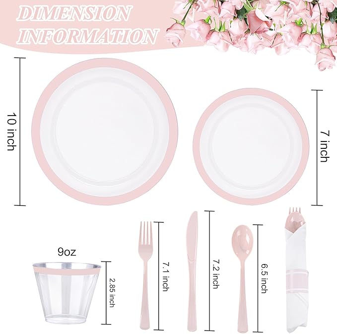 I00000 350 Pcs Clear Pink Plates for 50 Guests, Pink Dinnerware Include 100 Plates, 50 Cups, 50 Pre Rolled Napkins with Cutlery Set for Party and Wedding