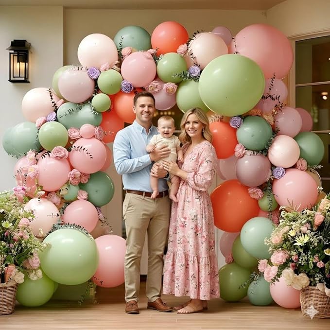 Dusty Green Pink Balloon Arch With Artificial Flower Leaves Double Stuffed Pastel Pink Green Mauve Peach Blush Balloon Garland Kit for Flower Baby Shower Wedding Birthday Floral Easter Tea Party Decor