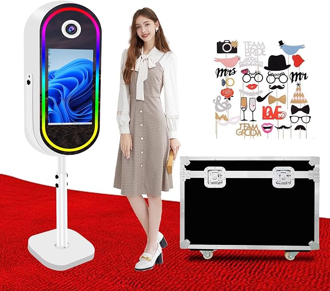 Oval Magic Mirror Photo Booth Machine with Flight Case, 21.5inch Touch Screen Built-in Mini PC for Wedding Parties (White, Photo Booth)