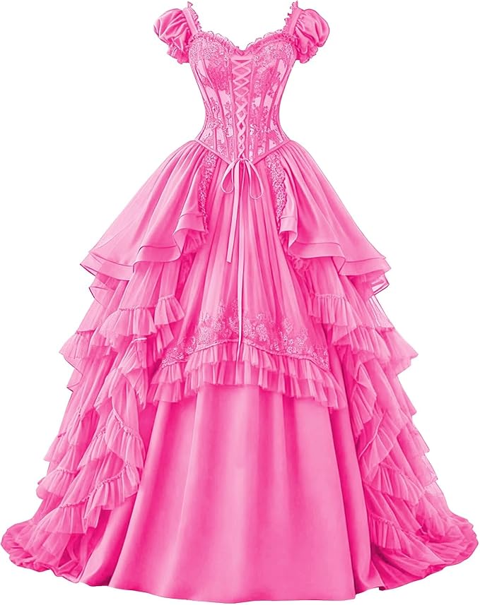 Ftupza Gothic Wedding Dresses Lace Appliques 1800s Victorian Dresses for Women Layered Tulle Prom Dress Long Ball Gown