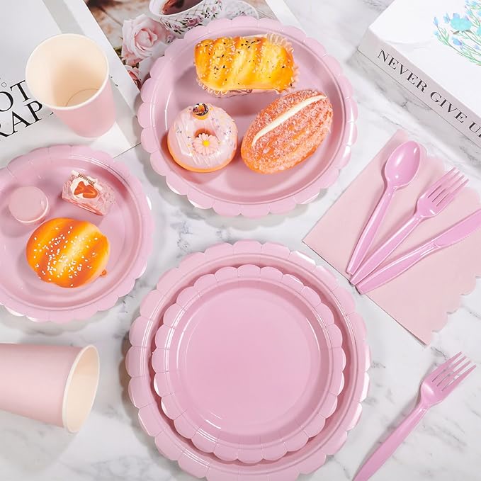 350 Pcs Pink Paper Plates and Napkins, Light Pink Party Supplies Include Valentines Plates Napkins Cups Plastic Spoons Forks Knives for Valentines day, Baby Bridal Shower, Wedding, Birthday