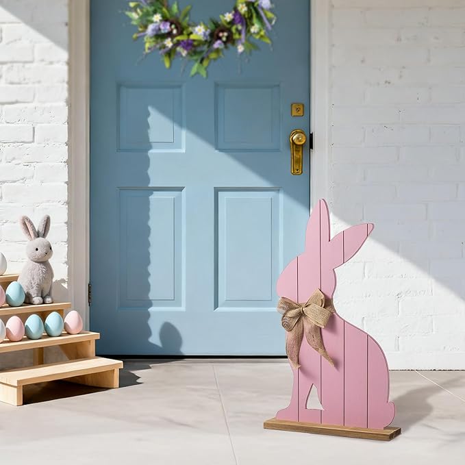 Glitzhome 24"H Easter Wooden Pink Bunny Porch Decor,Standing Porch Sign Decoration for Front Door Outdoor Spring Rustic Yard Party Garden Decor