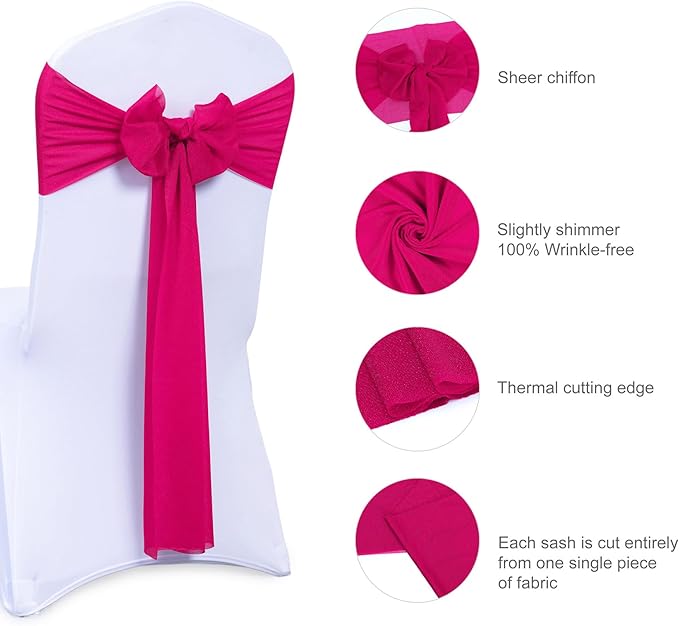 VDS Pack of 100, Hot Pink, Sheer Chiffon Chair Sashes Bows Chair Cover Back Tie Ribbon for Wedding Birthday Baby Shower Engagement Ceremony Event Party Banquet Restaurant Dining Chair Decoration