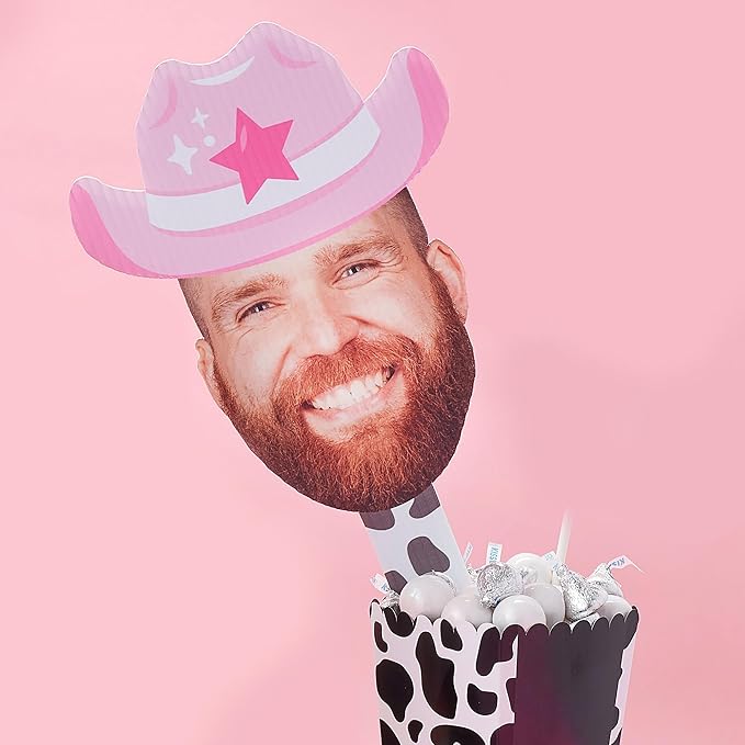 Big Dot of Happiness Custom Photo Last Rodeo - Pink Cowgirl Bachelorette Party Head Cut Out Photo Booth and Fan Props - Fun Face Cutout Paddles - Set of 6