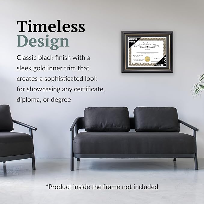 Creative Picture Frames 10" x 12" Rockefeller Black with Gold Rim Diploma Frame, Displays 10" x 12" Certificate or 11" x 14" Document without Mat, College Degree Frame, Full-Strength Glass, Black Mat