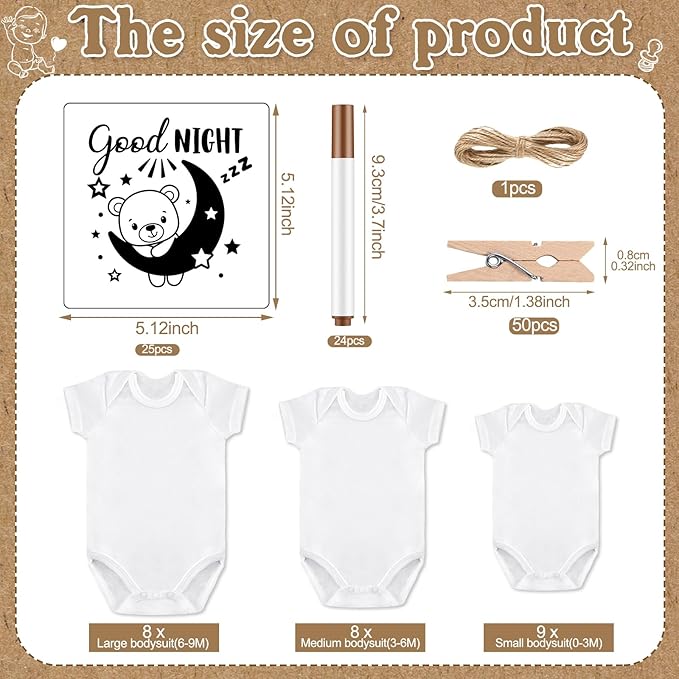Panitay 126 Pcs Baby Shower DIY Bodysuit Set Bib 25 Blank White Newborn Bodysuit 25 Stencils 24 Marker 1 Sign 50 Pins(Kraft)