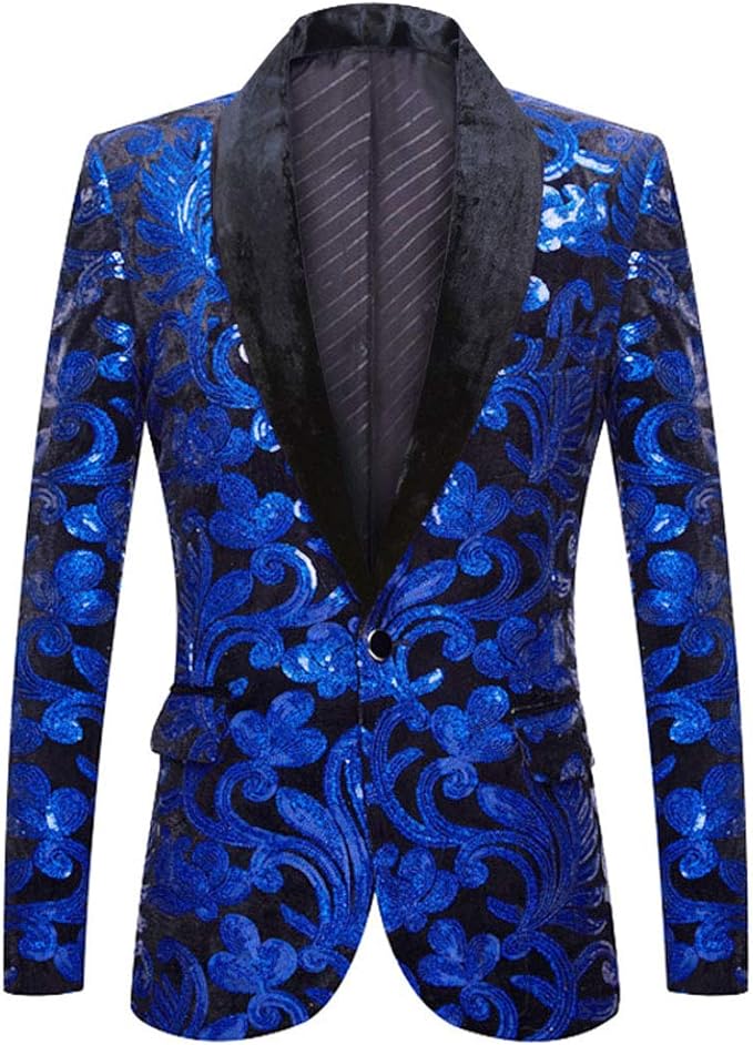 Men Fashion Velvet Sequins Floral Pattern Suit Jacket Blazer
