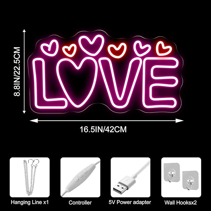 LOVE Neon Sign for Wall Decor, Romantic Heart LED Neon Light for Valentine’s Day, Wedding & Engagement Decorations, Iconic Neon Wall Art for Bedroom, Living Room & Party Backdrop 16.5"x8.9"