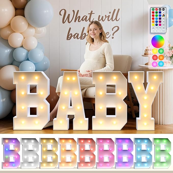 BABY Letters Baby Shower Decorations: 18 Colors Marquee Light-up Letter 2.3FT Big Oh Baby Letters for Baby Shower Sign for Gender Reveal Boys and Girls Party Decor Backdrop Block Boxes