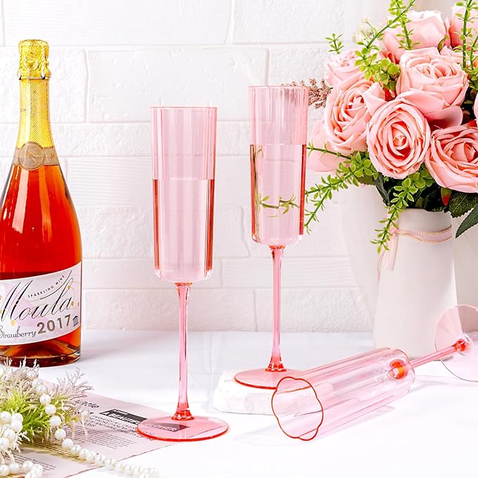 YOUBET 36 Pack Pink Champagne Flutes Plastic - 6 Oz Flower Wavy Champagne Plastic Glasses - Heavy Duty Vintage Disposable Flutes for Wedding Party Birthday Anniversary Valentines Day