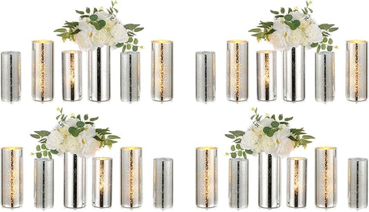 Glass Cylinder Vases Set of 24, Hewory Glittery Silver Vase for Centerpieces, Glass Hurricane Candle Holders for Pillar Floating Candle, Tall Round Vase for Wedding Anniversary Events Home Table Decor