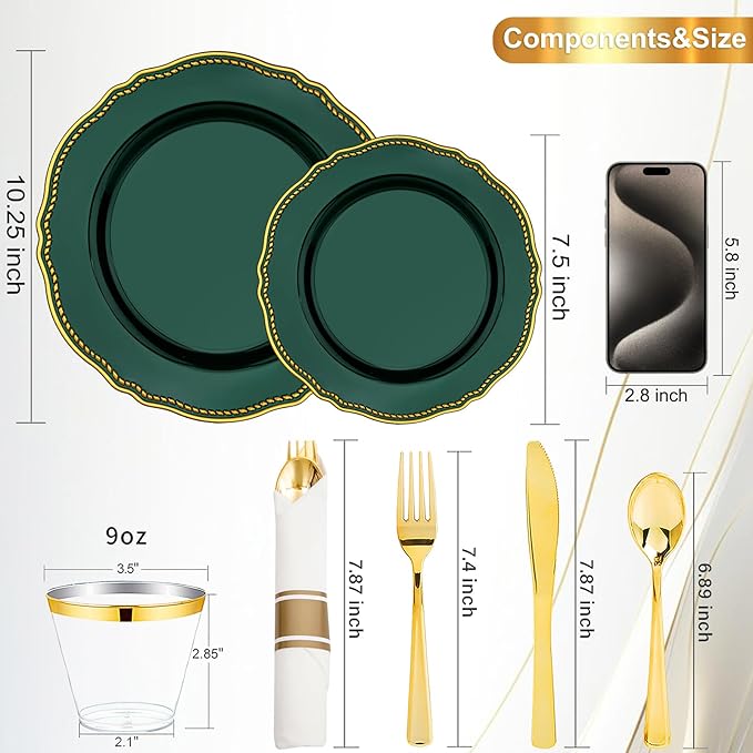 Hioasis 350pcs Green Gold Plastic Plates - Gold Plastic Dinnerware Set Includes 50 Dinner Plates, 50 Dessert Plates, 50 Gold Utensils, 50 Napkins Perfect for Wedding & Party