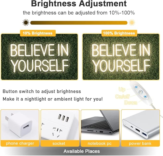 Believe In Yourself Neon Sign for Wall Decor, 17"x9" LED Light USB Dimmable Powered for Bedroom Bedroom Office Home Decor Man Cave, Birthday Gifts for Boys Girls