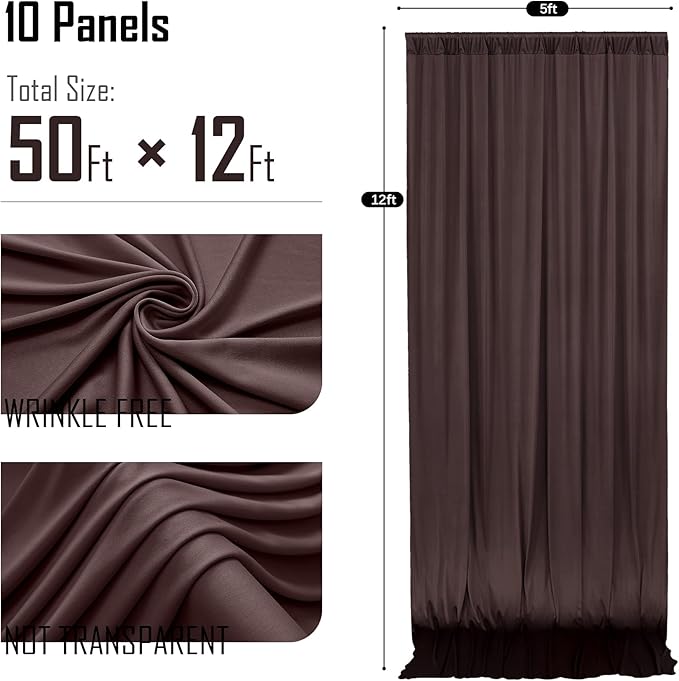 gogoparti 50x12ft Brown Backdrop Curtain for Wedding Parties, 10 Panels (5x12 ft Each) Wrinkle-Free Dackdrop Curtains, Silky Draping Fabric for Birthday Party, Baby Shower, Photo Background