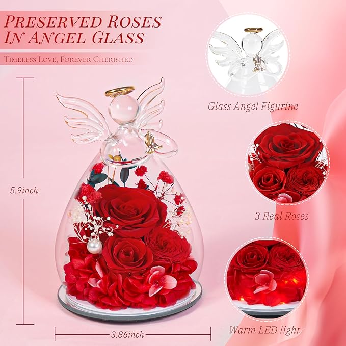 Birthday Gifts for Women Mom Preserved Roses in Glass Angel Figurines Fresh Flowers for Delivery Forever Flowers Eternal Rose Valentines for Grandma Sister Wife Her from Daughter