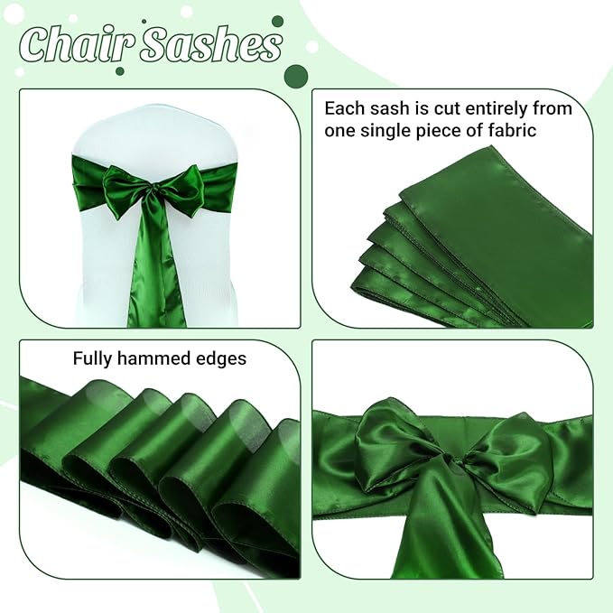 VDS Satin Chair Sashes Chair Cover Back Tie Sateen Bows Ribbon for Wedding Birthday Graduation Engagement Ceremony Event Party Banquet Venue Hotel All Dining Chair Decoration (300PC) (Green)