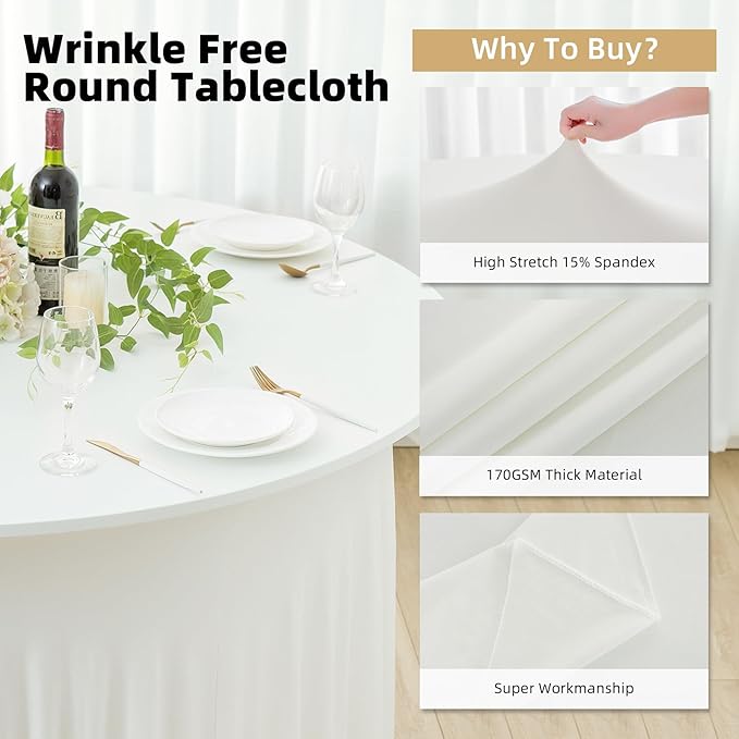 4 pk Ivory Spandex Round Tablecloths for 60 inch Table, Wrinkle Free 120inch Stretchy Fitted 5FT Round Table Cloths Cover with Skirt for Wedding Party Dining Banquet
