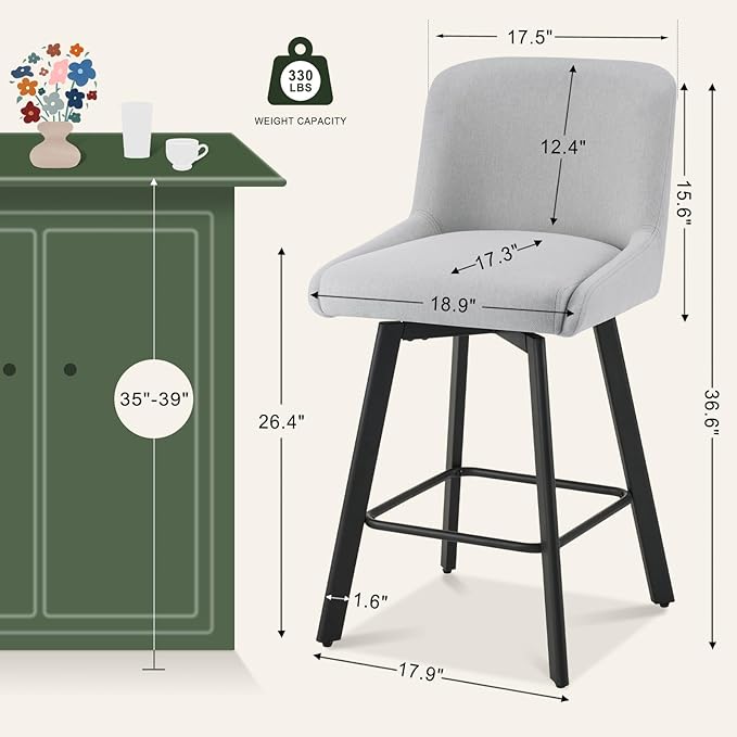 Swivel Bar Stools Set of 6, 26''H Upholstered Barstools with Backs, Modern Counter Height Bar Stool Chairs for Kitchen Island, Metal Legs, Fabric, Light Gray Counter Stools