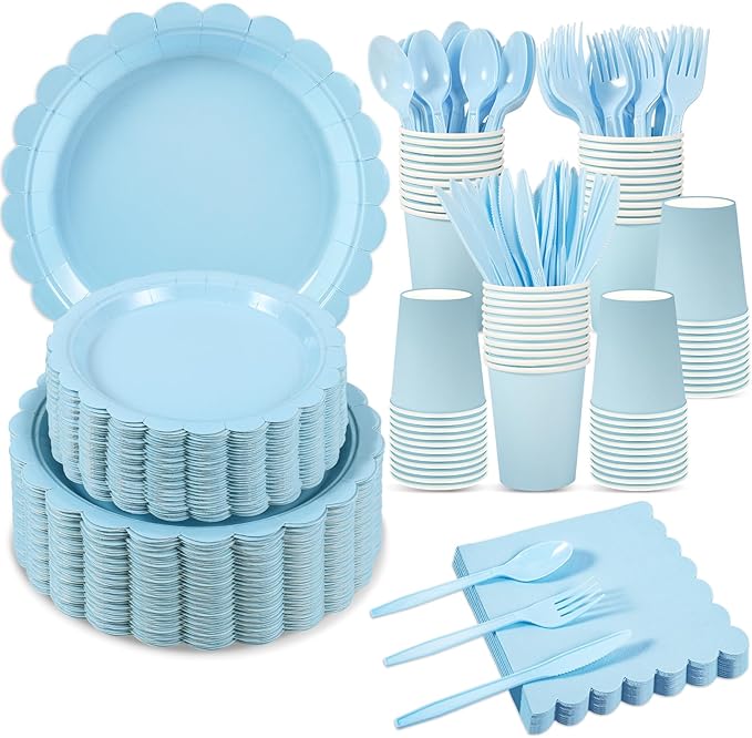 350 Pcs Light Blue Paper Plates and Napkins, Boy Baby Shower Decorations Include Baby Blue Scalloped Plates Napkins Cups Plastic Spoons Forks Knives for Bridal Shower,Wedding,Birthday