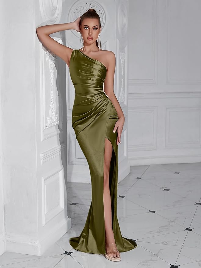 Formal Dresses for Women Cocktail Wedding Guest Satin One Shoulder Maxi Party Prom Sexy Corset Bodycon Evening Gowns