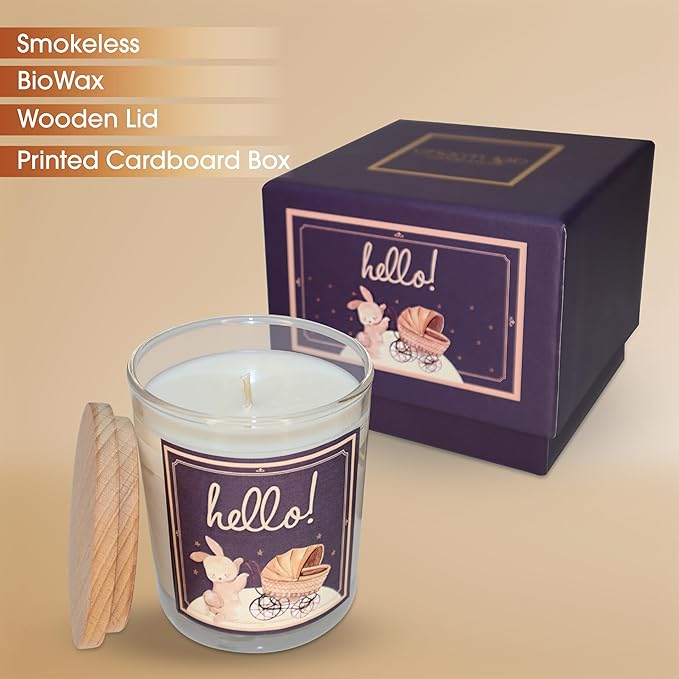 CharmLab Candle – New Baby Gift, 12 oz Glass Jar Candle with Wooden Lid, Powder & Summer Breeze Scent, Up to 40 Hours Burn, Reusable Sturdy Box, Eco-Friendly, Baby Shower & New Parent Celebration Gift