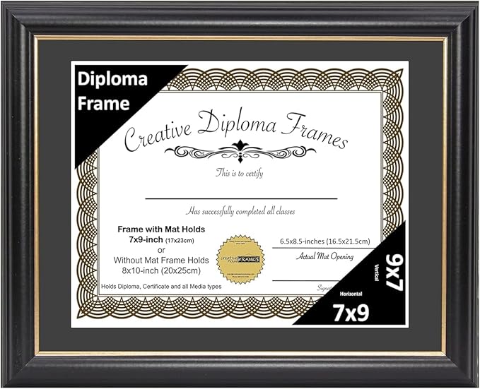 Creative Picture Frames 7" x 9" Rockefeller Black with Gold Rim Diploma Frame, Displays 7" x 9" Certificate or 8" x 10" Document without Mat, College Degree Frame, Full-Strength Glass, Black Mat