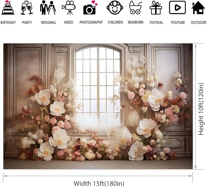 European Style Interior Room Backdrop 15x10ft Art Oil Painting Flowers French Window Photography Background Birthday Bridal Shower Women Girl Home Room Office Decor Banner Photo Studio Props