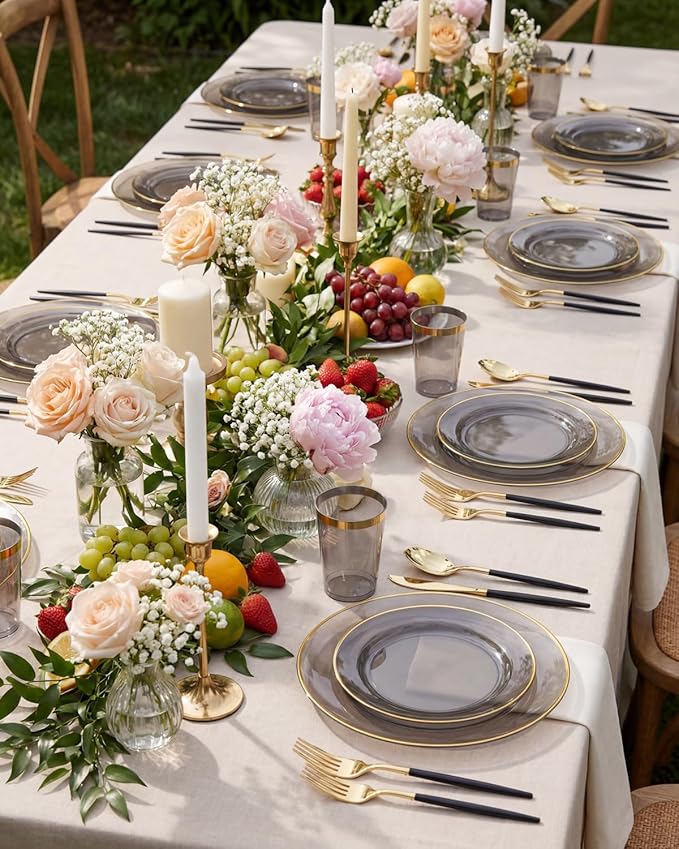 Supernal 180PCS Black and Gold Plastic Dinnerware Set - Black Plastic Plates with Disposable Silverware Include 30 Dinner / 30 Dessert Plates, 30 Forks,30 Knives,30 Spoons & 30 Cups for Party&New Year