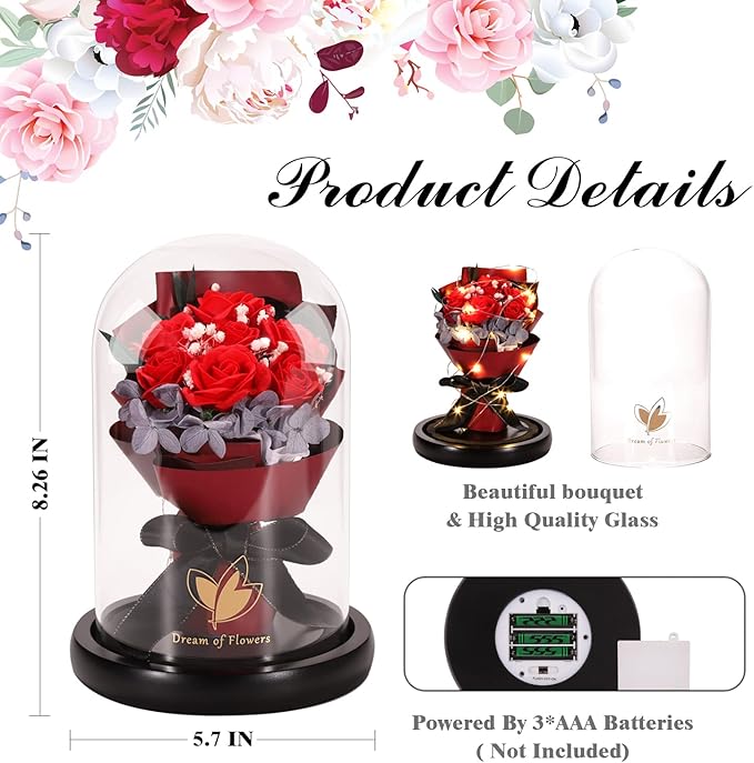 Valentines Day Gifts for Her,Birthday Gifts for Women,Beauty and the Beast Rose in Glass Dome with 2 Light Modes,Enchanted rose Flower Roses Bouquets Valentines Gifts for Daughter Mom Wife Girlfriend