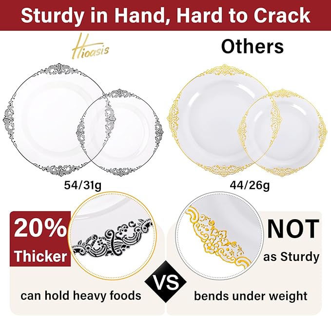 Hioasis 350pcs Clear and Black Plates - Black Party Plates for 50 Guest, Include 100 Heavy-duty Plates(20% Thicker Than Standard), 50 Pre Rolled Gold Plastic Silverware Set, 50 Cups