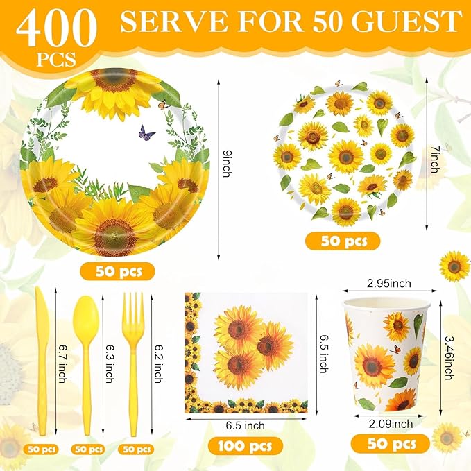 Pickmesh 400 Pcs Sunflower Party Supplies for 50 Guests Disposable Plates Napkins Cups Spoons Forks Knives for Birthday Wedding Bridal Shower Baby Shower Sunflower Table Decorations