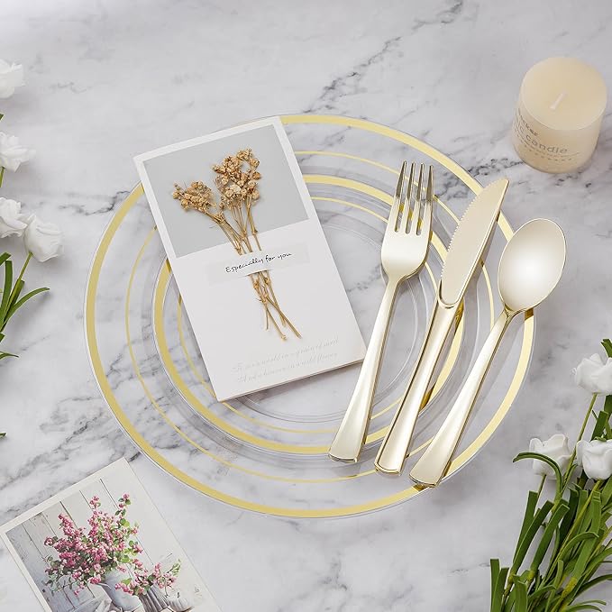 BESTVIP 100PCS Clear Plastic Plate, Disposable Party Plates with 50 Dinner and 50 Dessert Plates, Plastic Plate for Party, Wedding and Birthday