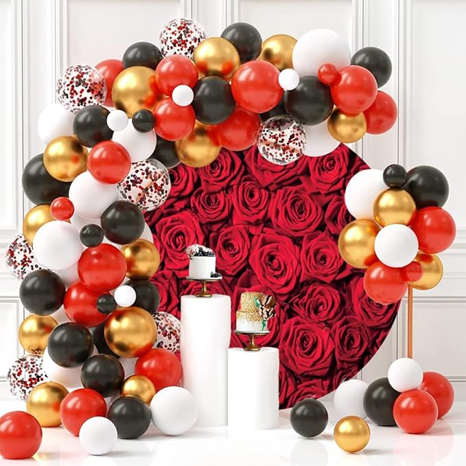 Laeacco 6.5x6.5ft Red Rose Round Backdrop Valentine's Day Rose Flowers Wall Circle Backdrop Cover Couple Lovers Portrait Photography Background for Wedding Bridal Baby Shower Birthday Party Booth Prop
