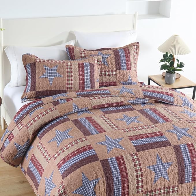 Cotton Bedding Quilt Sets Reversible Patchwork Coverlet Sets All Season Brown Bedspread, Mediterranean Star Pattern, Queen Size