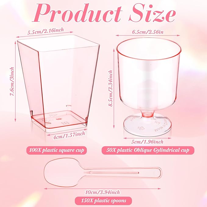 300 Pcs Dessert Cups with Spoons Mini Clear Plastic Dessert Parfait Cup Round Goblet Square Glasses Plastic Spoons for Fruit Ice Cream Cake Wedding Party Supplies (Pink)