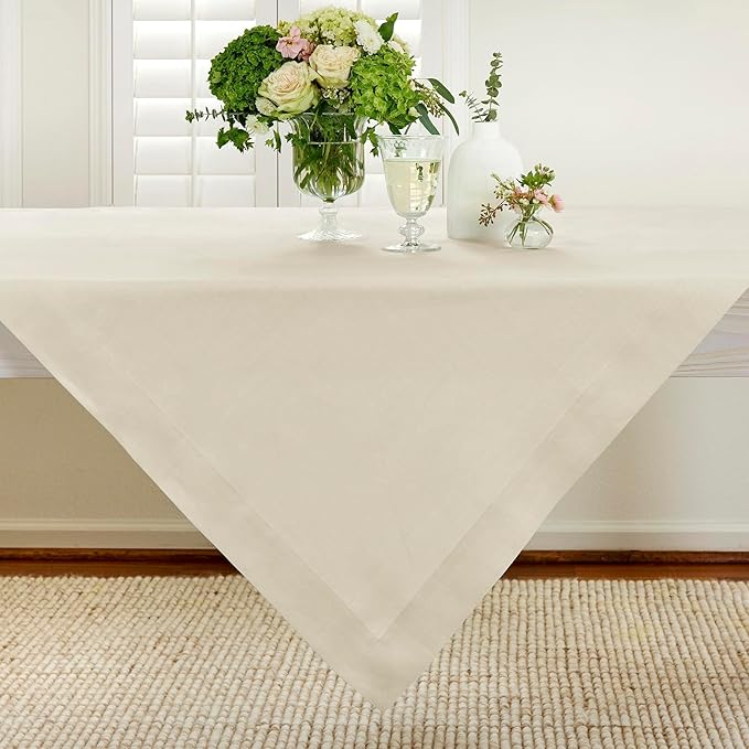 Solino Home Linen Tablecloth 52 x 52 Inch - 100% Pure Linen Birch Square Tablecloth - Fete, Machine Washable Table Throw for Spring, Easter