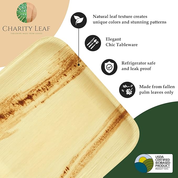 Charity Leaf Disposable Palm Leaf 9" Round Plates (50 pieces) Bamboo Like Serving Platters, Disposable Boards, Eco-Friendly Dinnerware For Weddings, Catering, Events