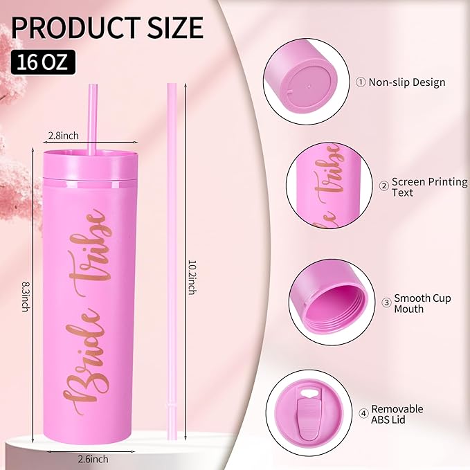 10 Pack Skinny Tumbler | 16 oz Bride & Tribe Tumblers | Bachelorette Party Cups | Wedding Gifts Bridesmaids Mugs & Games (Pink)