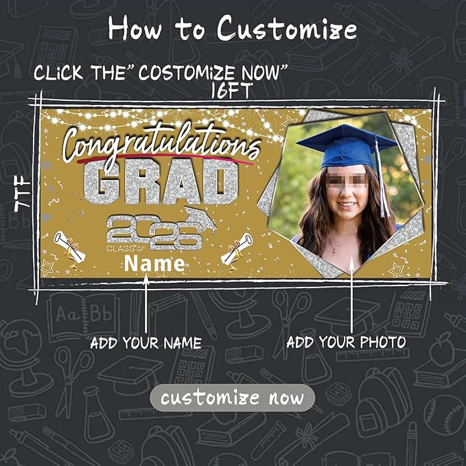 Custom Garaduation Garage Door Banner Cover 16 x 7 ft Class of 2026 Congrats Grad Party Backdrop Personalized Graduation Decoration(Gold and Silver)