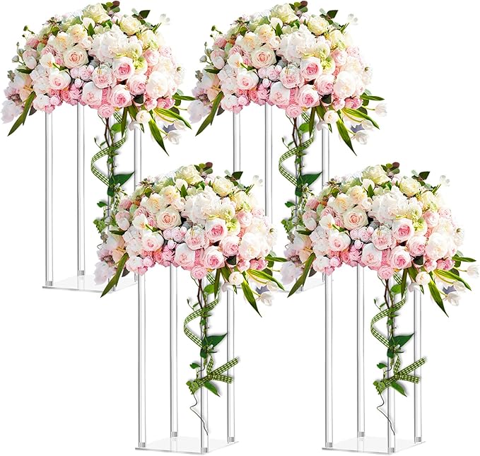 Geetery 4 Pieces Tall Acrylic Vase Wedding Centerpieces Clear Flower Stand Column Geometric Floral Vase Elegant Display Holder for Birthday Party Wedding Table Decorations (16 Inch)