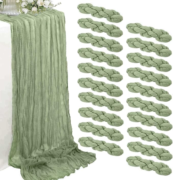 20 Pack Sage Green Cheesecloth Table Runner 35 x 71 Inch Boho Gauze Christmas Table Runner for Rustic Wedding Arch Decor, Bridal Shower, Baby Shower, Banquets, Farmhouse Party Decorations