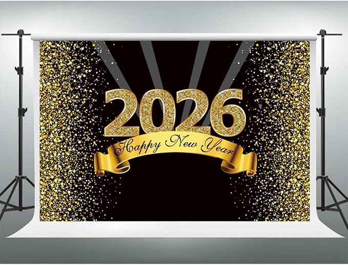 YongFoto 2026 Happy New Year Backdrop 12x8ft Black Gold Photography Background Merry Christmas Night Festival Carnival Celebration Party Banquet Decor Banner Photoshoot Wallpaper Photo Booth