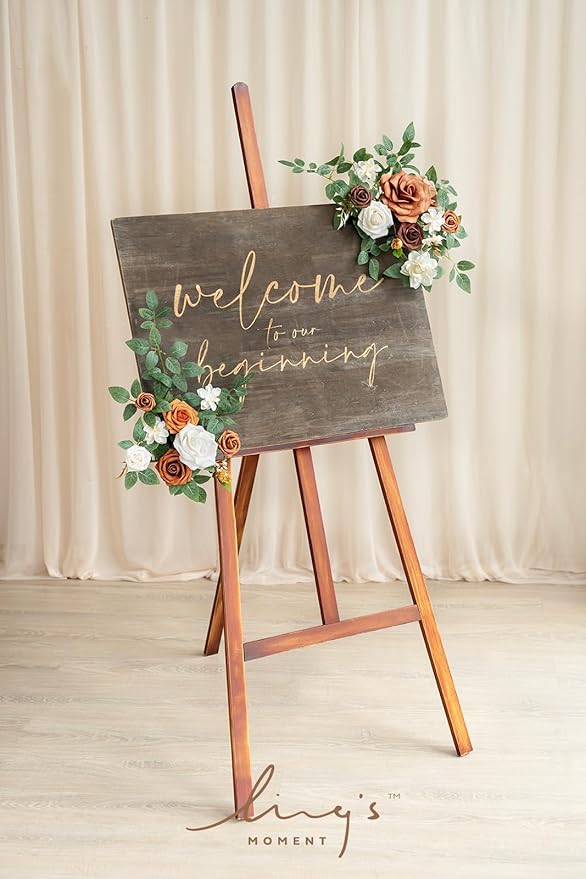 Ling's moment 2pcs Fall Wedding Artificial Floral Swag Welcome Sign Flowers Backdrop Garland Terracotta Orange Ceremony Reception Wall Home Decorations Entryway Faux Outdoor Board Head Table Decor