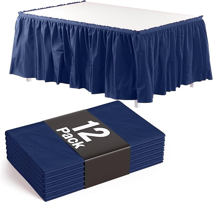 Exquisite Navy Table Skirt 12 Pack 29" X 14 Ft Long Black Table Skirts for Rectangle Tables 6ft Plus or Round Tables - Ruffle Table Skirt with Adhesive Strip - Gender Reveal Decor & Party