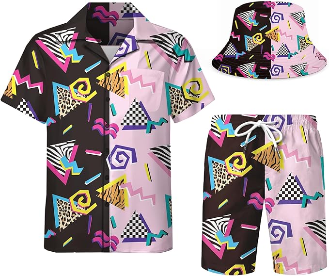 Mens Hawaiian Shirts and Shorts Set Funny Hawaiian Shirts for Men Beach Outfits Sets with Bucket Hats