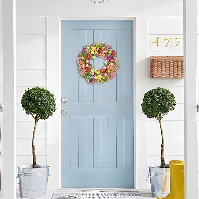 Briful Easter Wreath, 21.7'' Colorful Artificial Door Wreaths with Easter Eggs, Floral Wreaths for Fireplace Mantle Decor, Farmhouse Home Wall Window Decorations