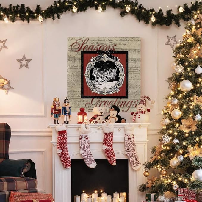 Renditions Gallery Season's Greetings Wall Art, Cute Winter Decor, Santa & his Reindeer, Antique Sheet Music Paper, Premium Gallery Wrapped Canvas, Ready to Hang, 32 in H x 10 in W, Made in America