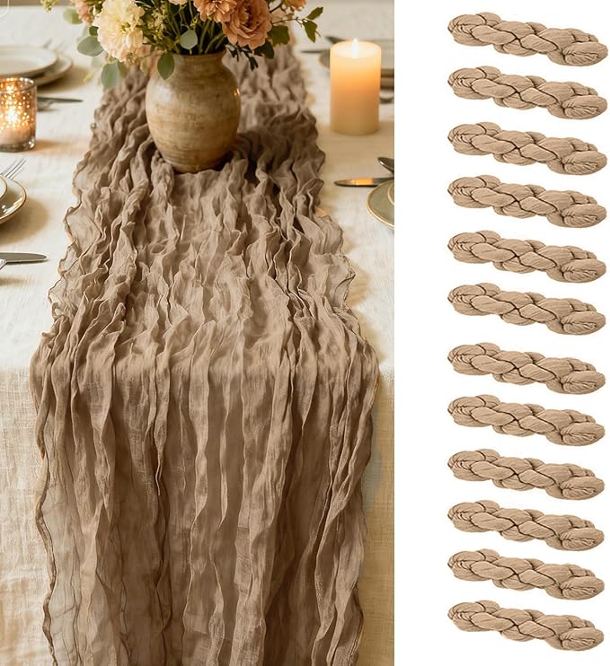 12 Pack Coffee Cheesecloth Table Runner 35 x 118 Inch Gauze Fabric Boho Christmas Table Runner for Wedding Arch, Rustic Bridal Shower, Baby Shower, Party Decorations, Farmhouse Home Decor